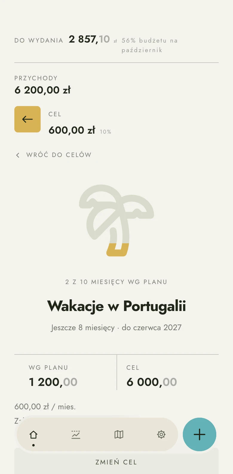 Ekran celu „Wakacje w Portugalii” w Koshty: kwota do uzbierania, miesięczna rata i liczba miesięcy do końca