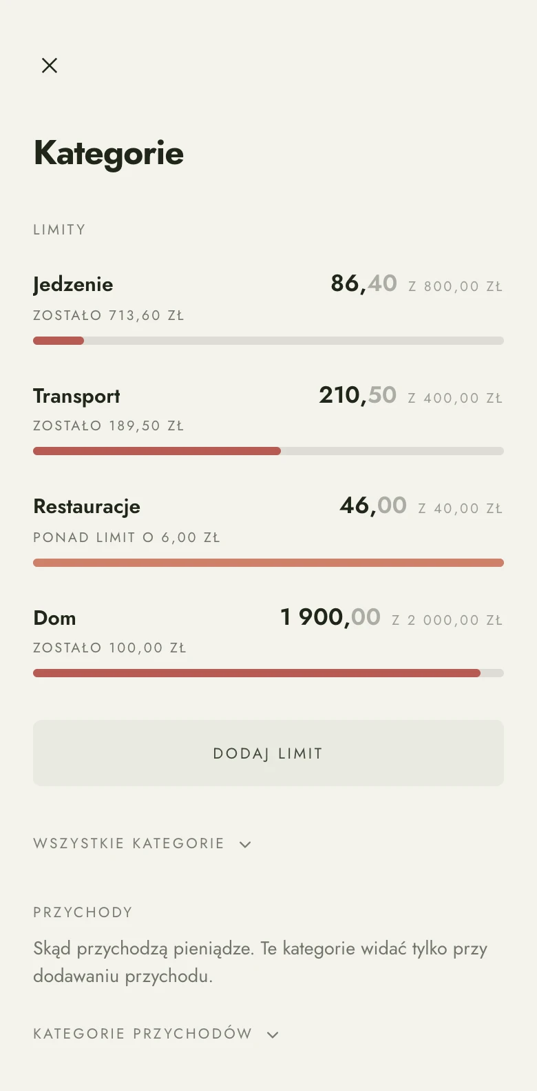 Ekran Koshty z kategoriami wydatków i ich miesięcznymi limitami; jedna kategoria jest ponad limitem