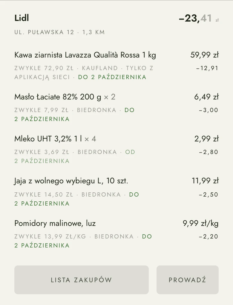 Ekran Taniej w Koshty: sklep w okolicy i produkty z Twoich paragonów, które kosztują w nim mniej
